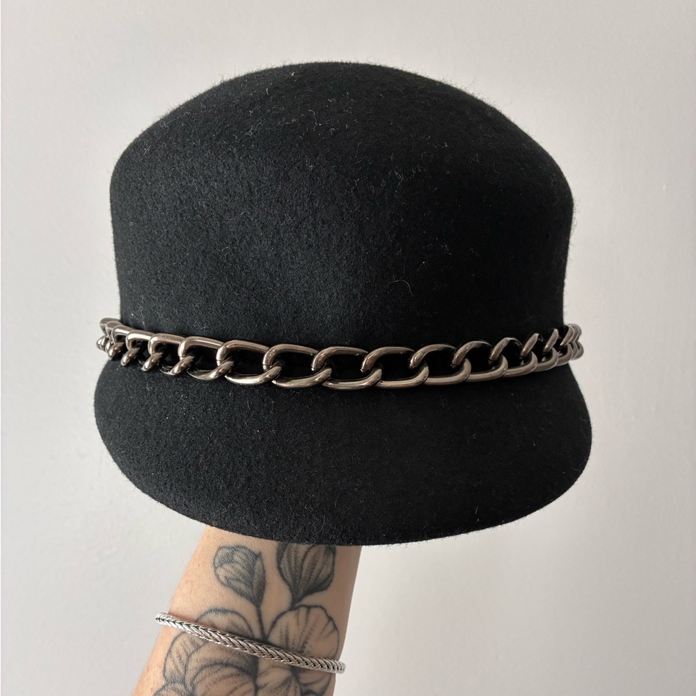 Saks Fifth Avenue Black Wool Chain Trim Bucket Hat - Picture 2 of 8